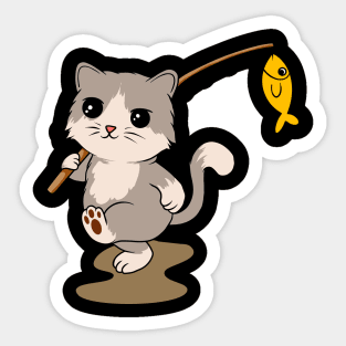 Feline Fisher: Cat with Fishing Rod and a Catch - Adventurous Tee for Cat Lovers Sticker